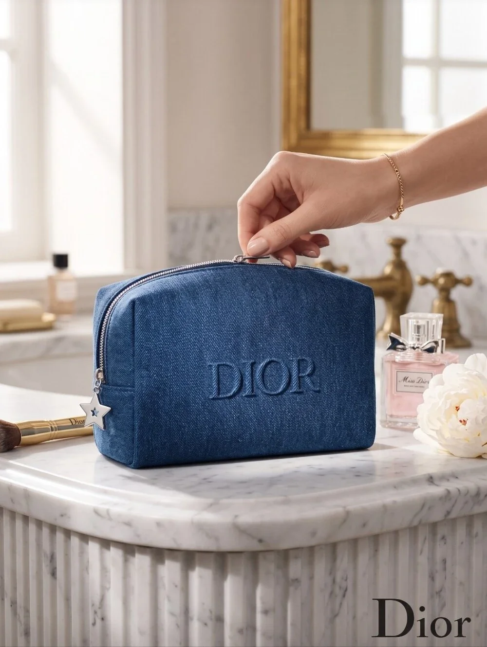 Dior Beauty Denim Embroidered Zip Toiletry/ Crossbody Pouch